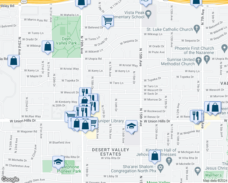 map of restaurants, bars, coffee shops, grocery stores, and more near 1634 West Sack Drive in Phoenix