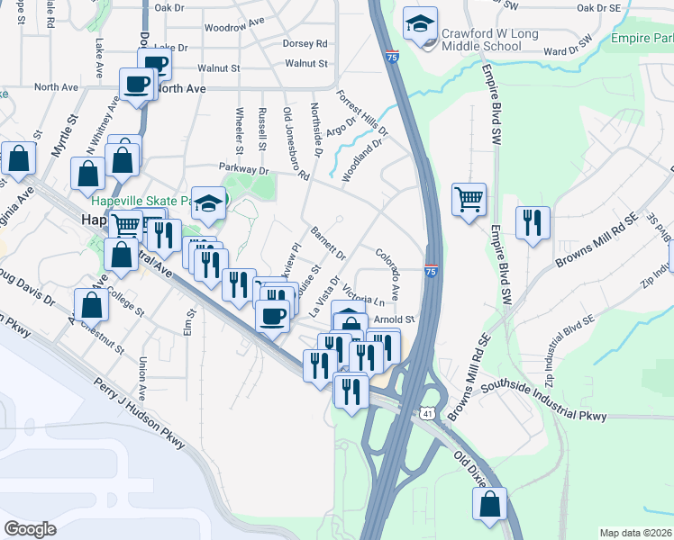 map of restaurants, bars, coffee shops, grocery stores, and more near 3325 La Vista Drive in Atlanta