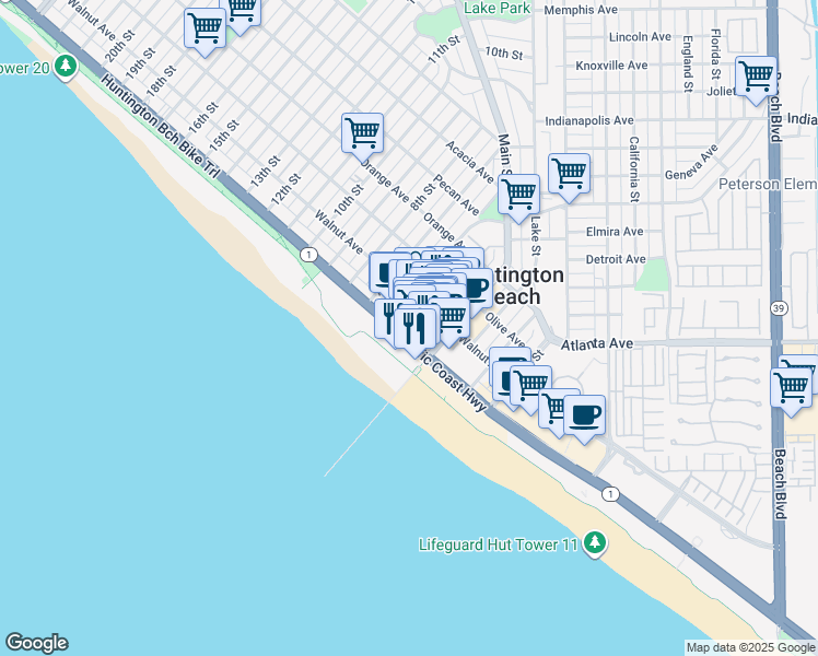 map of restaurants, bars, coffee shops, grocery stores, and more near 124 1/2 6th Street in Huntington Beach
