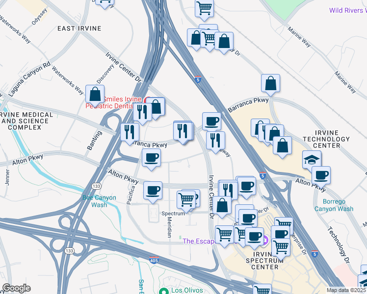 map of restaurants, bars, coffee shops, grocery stores, and more near 7700 Irvine Center Drive in Irvine