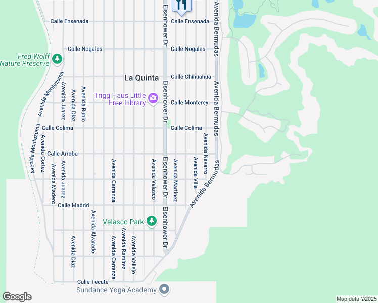 map of restaurants, bars, coffee shops, grocery stores, and more near 53671 Avenue Villa in La Quinta