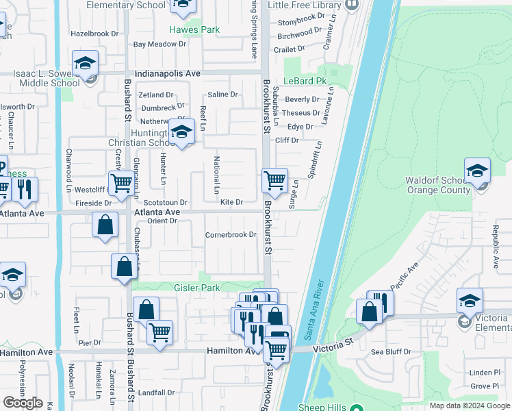 map of restaurants, bars, coffee shops, grocery stores, and more near 9952 Kite Drive in Huntington Beach
