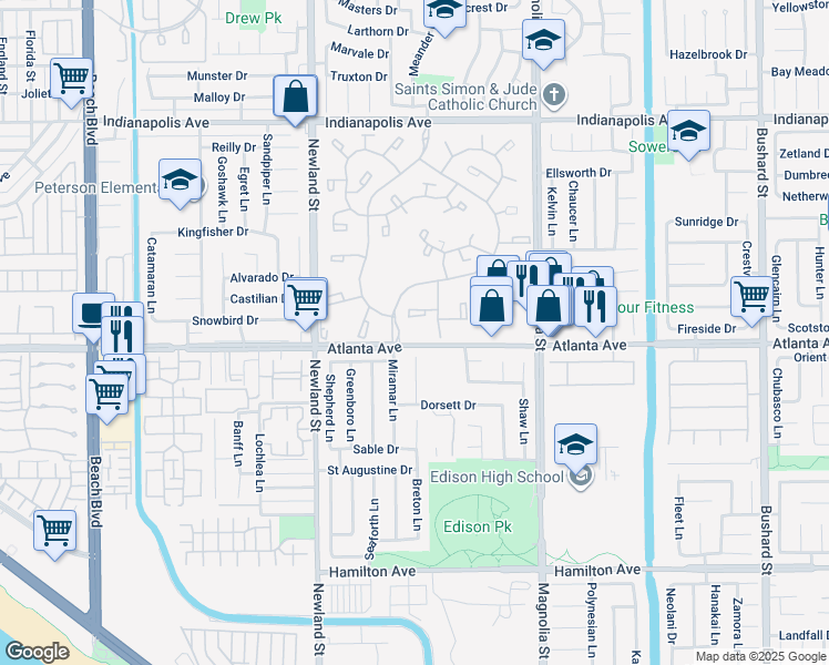 map of restaurants, bars, coffee shops, grocery stores, and more near 8633 Portola Court in Huntington Beach