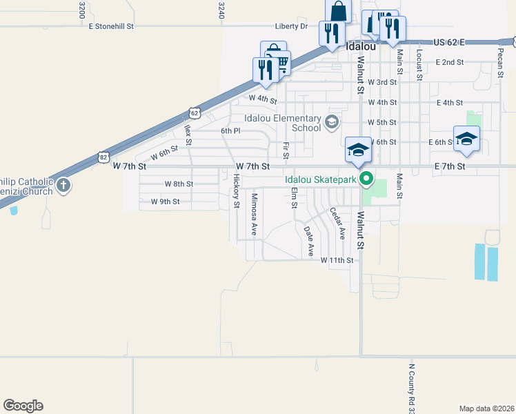 map of restaurants, bars, coffee shops, grocery stores, and more near 806 Mimosa Avenue in Idalou