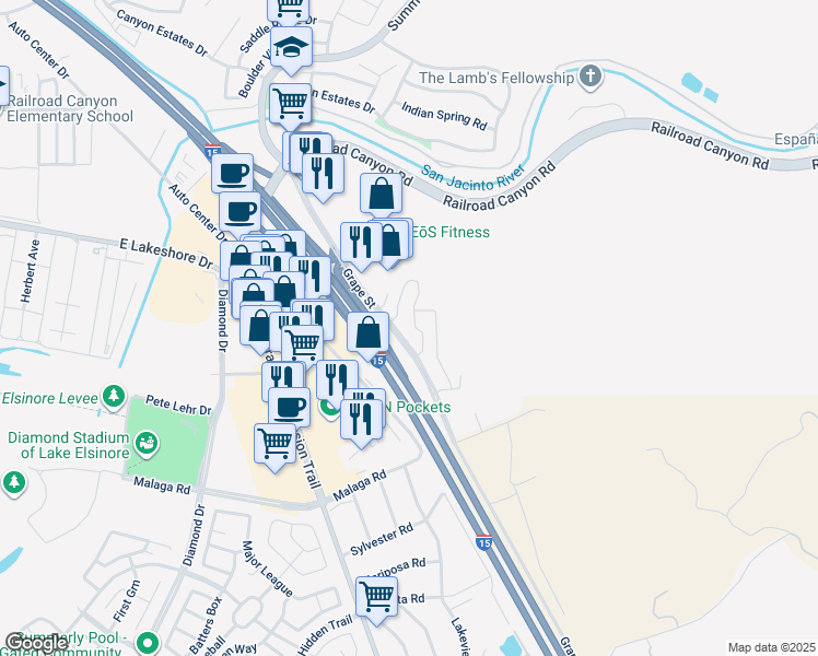 map of restaurants, bars, coffee shops, grocery stores, and more near in Lake Elsinore