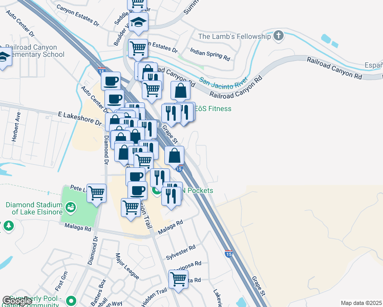 map of restaurants, bars, coffee shops, grocery stores, and more near 15415 Park Point Avenue in Lake Elsinore