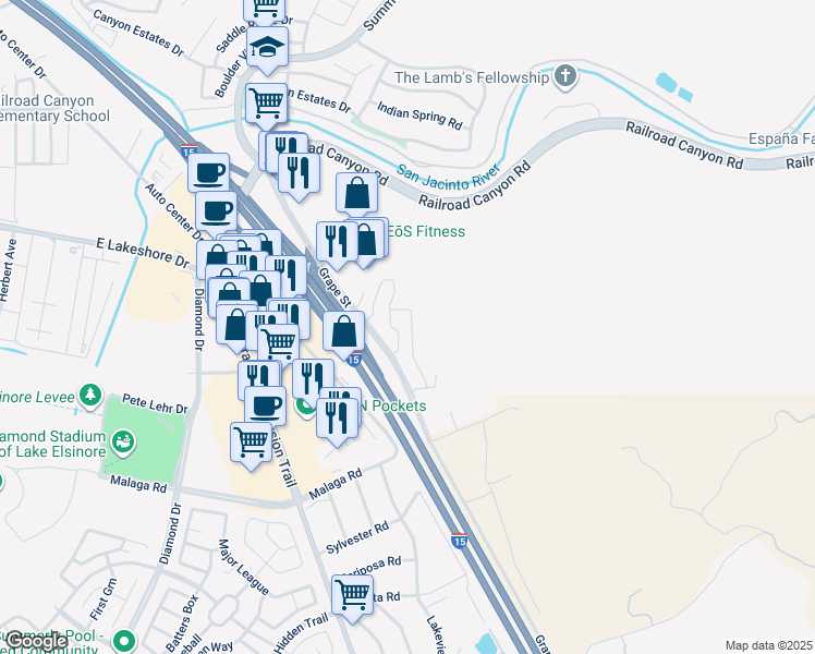 map of restaurants, bars, coffee shops, grocery stores, and more near 15655 Vista Way in Lake Elsinore