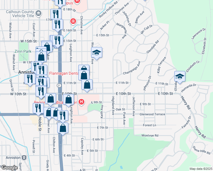 map of restaurants, bars, coffee shops, grocery stores, and more near 1025 Fairmont Avenue in Anniston