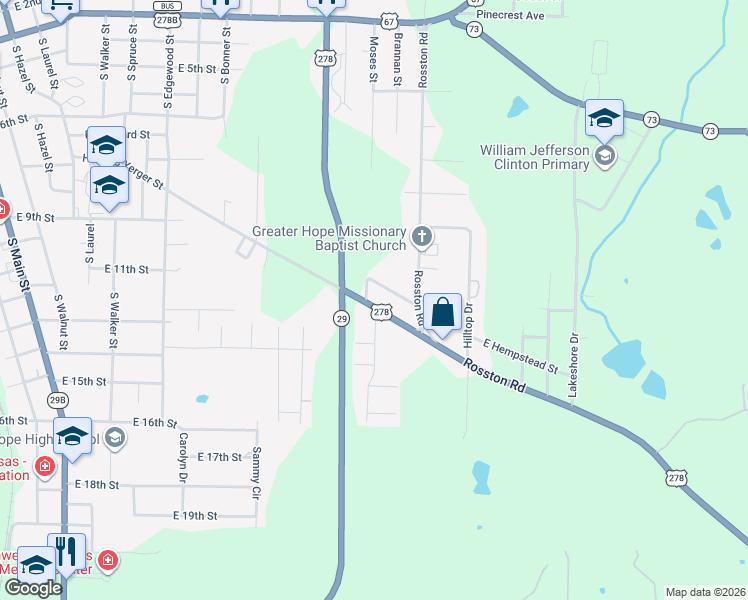 map of restaurants, bars, coffee shops, grocery stores, and more near 1400-1498 Shover Rd in Hope