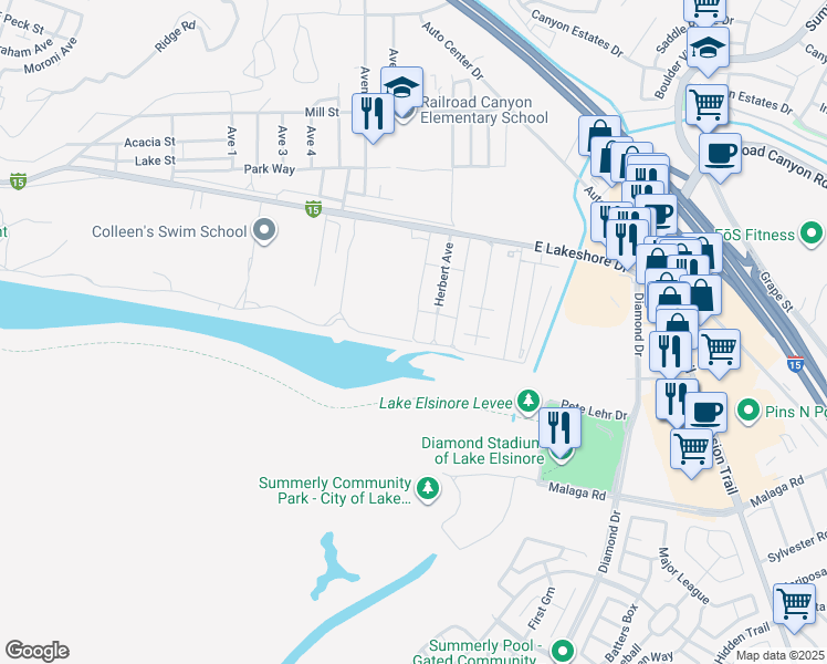 map of restaurants, bars, coffee shops, grocery stores, and more near 0 Herbert Avenue in Lake Elsinore