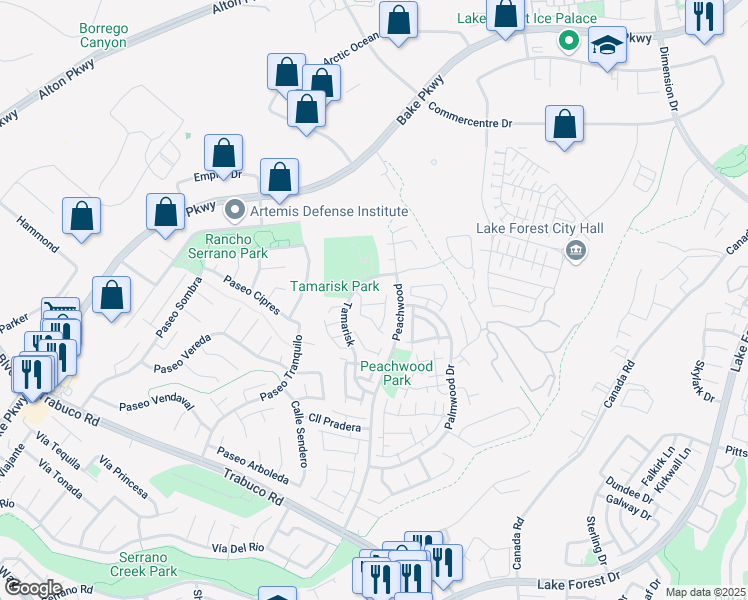 map of restaurants, bars, coffee shops, grocery stores, and more near 25321 New Haven in Lake Forest