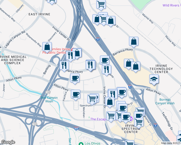 map of restaurants, bars, coffee shops, grocery stores, and more near 7700 Irvine Center Drive in Irvine