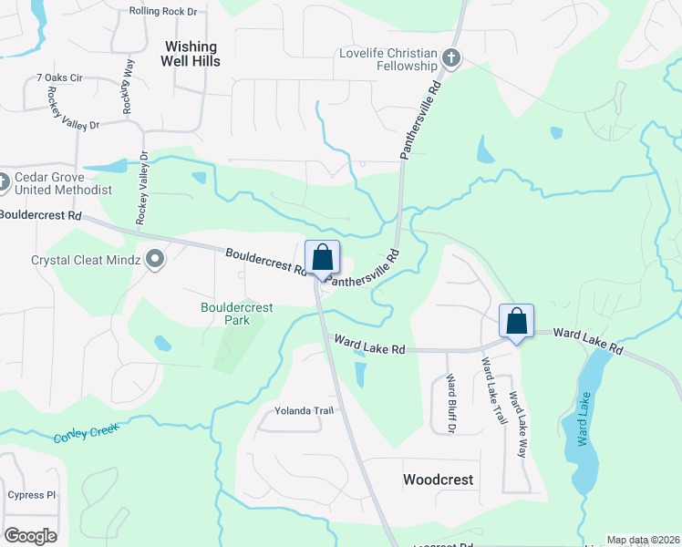 map of restaurants, bars, coffee shops, grocery stores, and more near 4271 Panthersville Road in Ellenwood