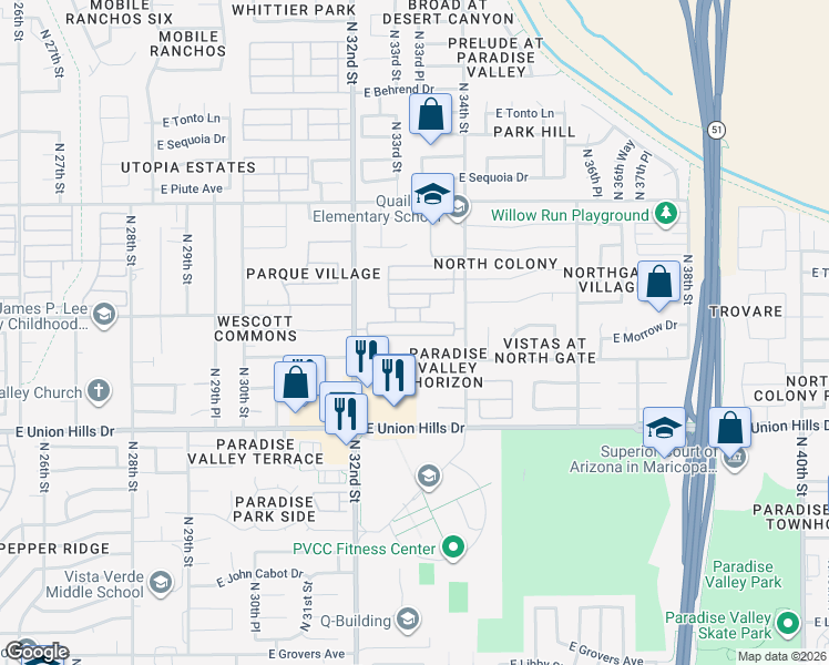 map of restaurants, bars, coffee shops, grocery stores, and more near 3313 East Siesta Lane in Phoenix