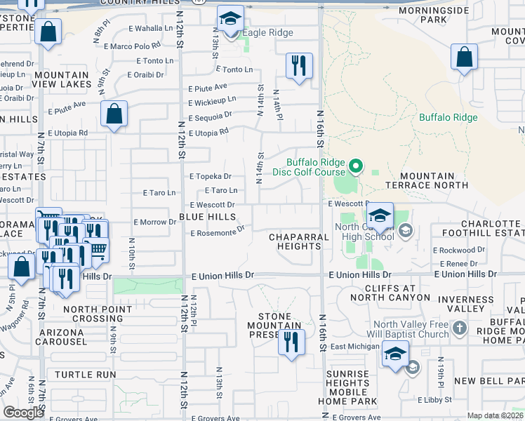 map of restaurants, bars, coffee shops, grocery stores, and more near 1417 East Wescott Drive in Phoenix