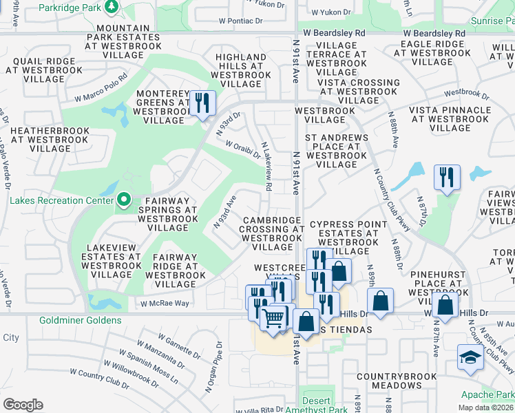 map of restaurants, bars, coffee shops, grocery stores, and more near 19231 North 92nd Avenue in Peoria