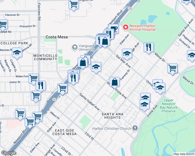 map of restaurants, bars, coffee shops, grocery stores, and more near 2481 Elden Avenue in Costa Mesa