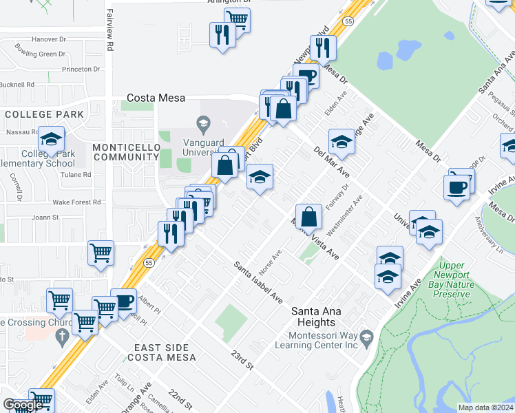 map of restaurants, bars, coffee shops, grocery stores, and more near 2481 Elden Avenue in Costa Mesa