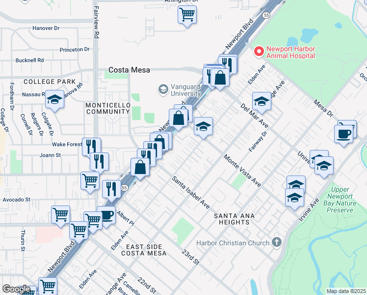 map of restaurants, bars, coffee shops, grocery stores, and more near 2458 Newport Boulevard in Costa Mesa