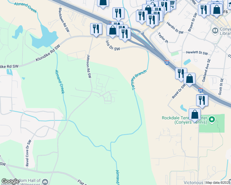 map of restaurants, bars, coffee shops, grocery stores, and more near 1360 Flora Drive in Conyers