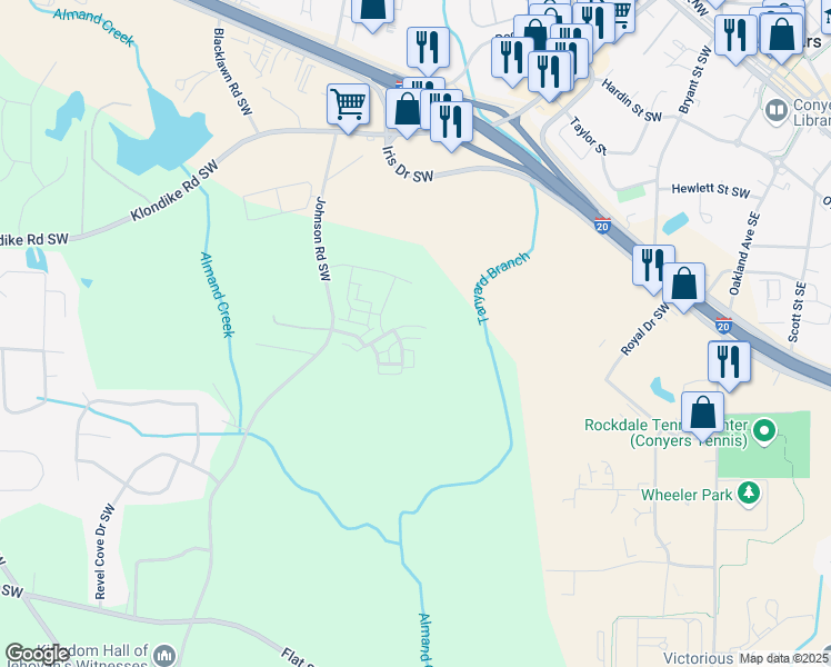 map of restaurants, bars, coffee shops, grocery stores, and more near 1356 Flora Drive in Conyers