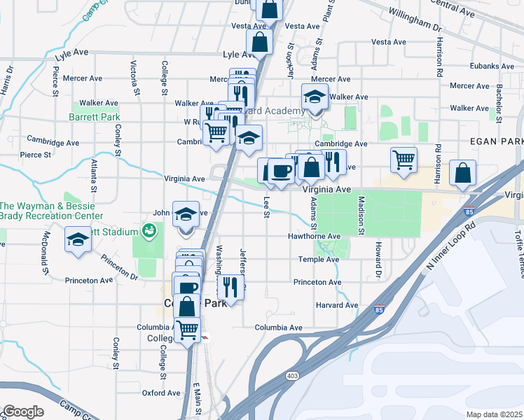 map of restaurants, bars, coffee shops, grocery stores, and more near 1727 John Calvin Avenue in Atlanta