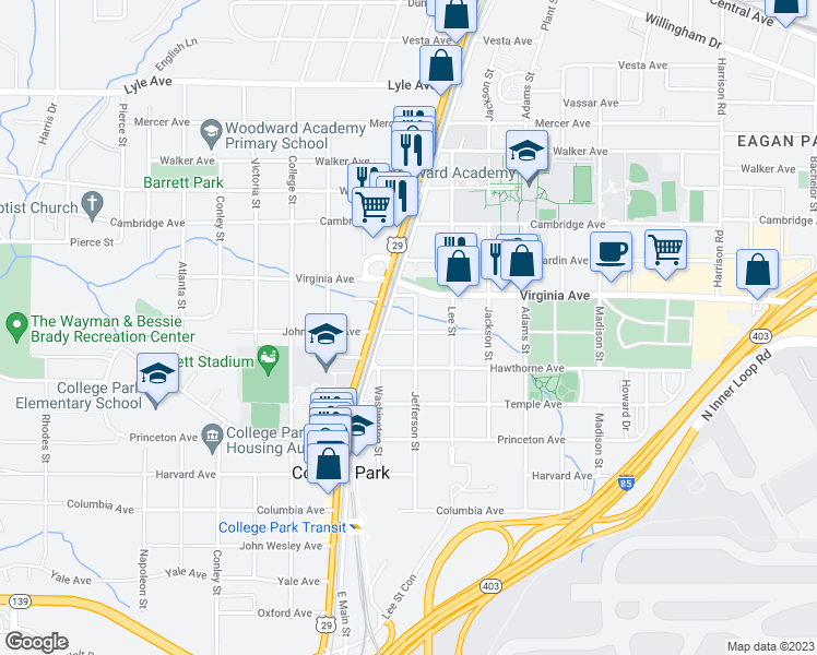 map of restaurants, bars, coffee shops, grocery stores, and more near 3548 Main Street in Atlanta