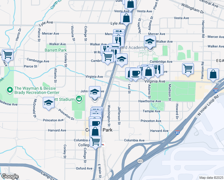 map of restaurants, bars, coffee shops, grocery stores, and more near 3548 Main Street in Atlanta