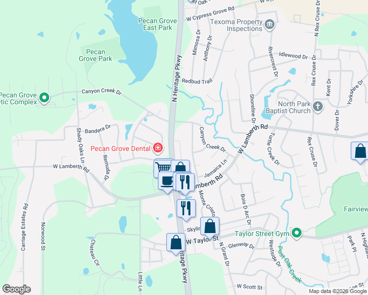 map of restaurants, bars, coffee shops, grocery stores, and more near 2413 San Miguel Street in Sherman