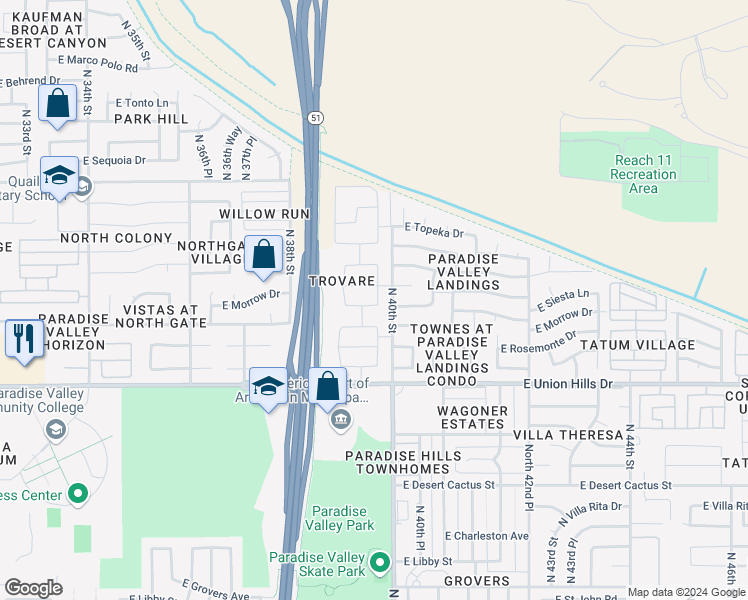 map of restaurants, bars, coffee shops, grocery stores, and more near 3938 East Morrow Drive in Phoenix