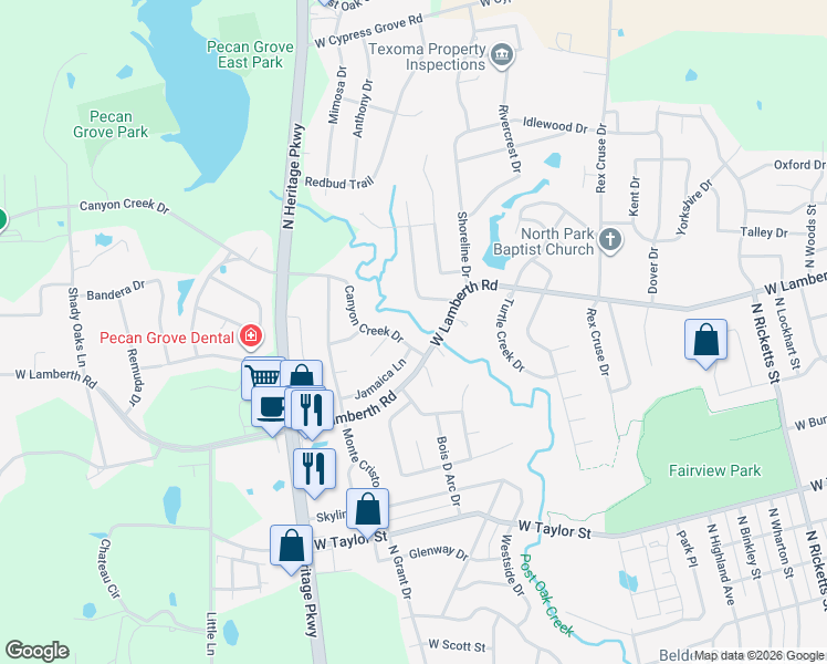 map of restaurants, bars, coffee shops, grocery stores, and more near 2317 Canyon Creek Drive in Sherman