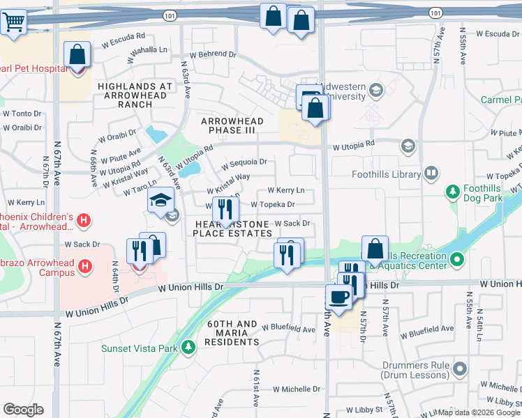 map of restaurants, bars, coffee shops, grocery stores, and more near 19204 North 61st Avenue in Glendale