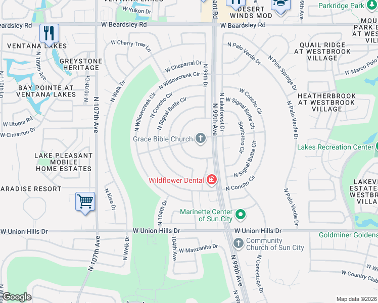map of restaurants, bars, coffee shops, grocery stores, and more near 10408 North Sombrero Circle in Sun City