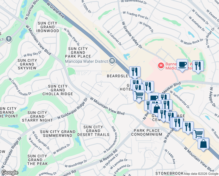 map of restaurants, bars, coffee shops, grocery stores, and more near West Goldwater Ridge Drive in Surprise