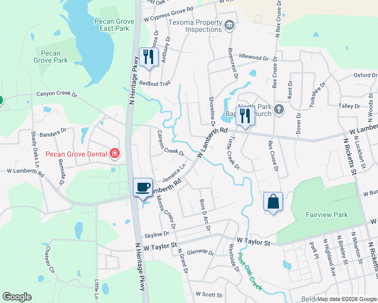 map of restaurants, bars, coffee shops, grocery stores, and more near 2317 Canyon Creek Drive in Sherman