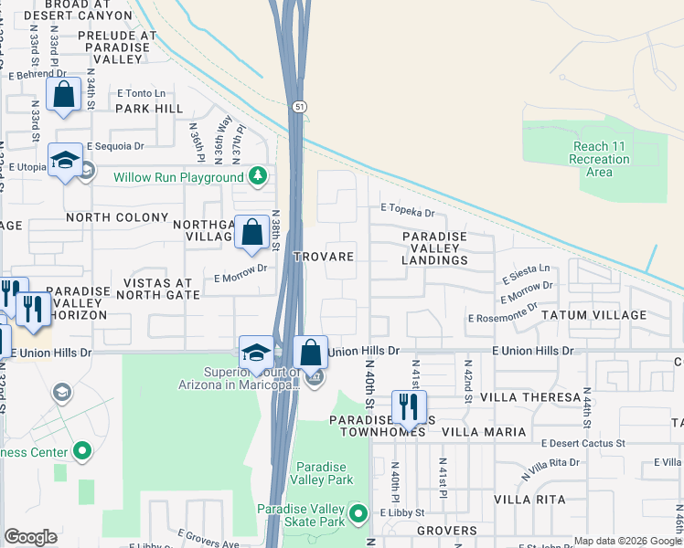 map of restaurants, bars, coffee shops, grocery stores, and more near 3924 East Morrow Drive in Phoenix