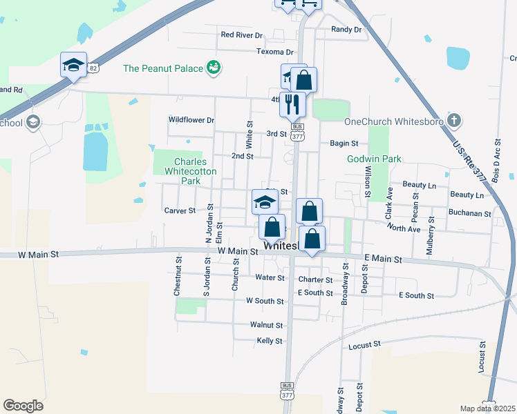 map of restaurants, bars, coffee shops, grocery stores, and more near 211 North College Street in Whitesboro