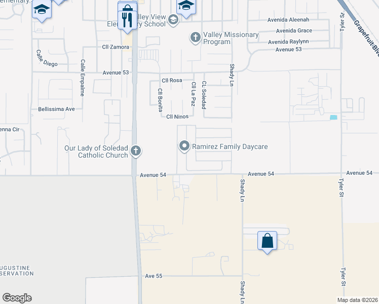 map of restaurants, bars, coffee shops, grocery stores, and more near 53897 Calle Ruiz in Coachella