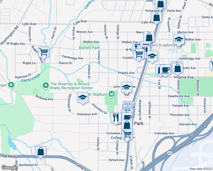 map of restaurants, bars, coffee shops, grocery stores, and more near 3547 Victoria Street in College Park