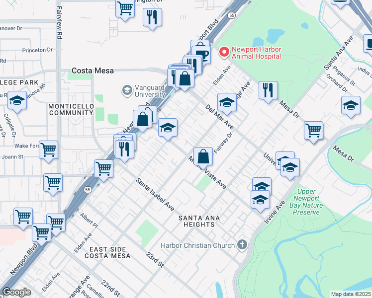 map of restaurants, bars, coffee shops, grocery stores, and more near 188 Monte Vista Avenue in Costa Mesa