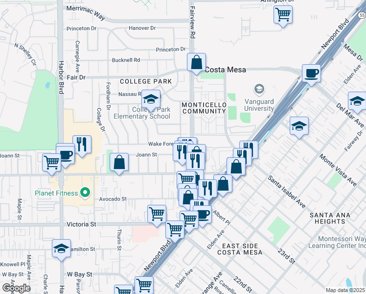map of restaurants, bars, coffee shops, grocery stores, and more near 209 Wake Forest Road in Costa Mesa