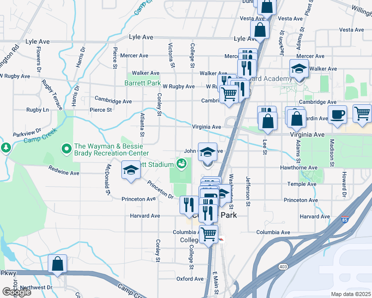 map of restaurants, bars, coffee shops, grocery stores, and more near 1915 John Calvin Avenue in College Park