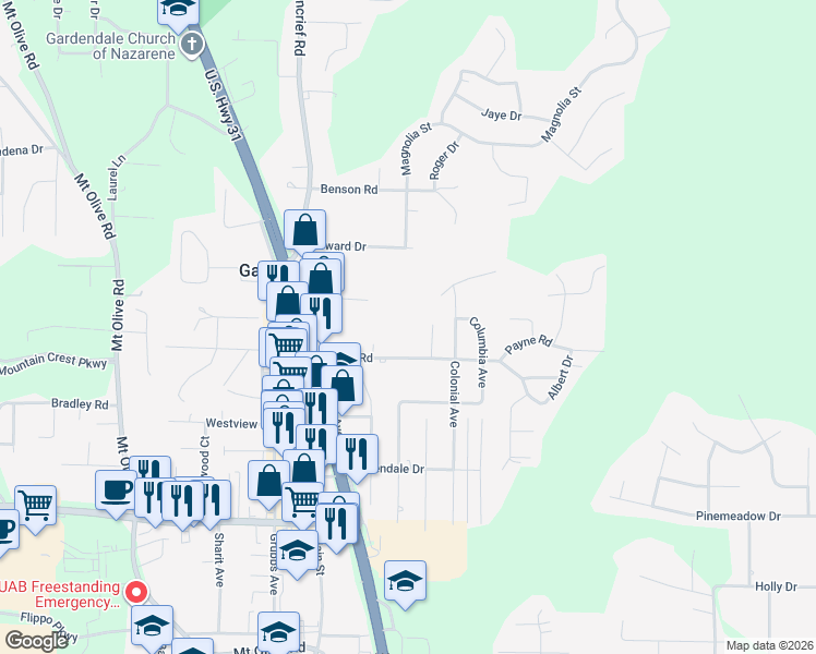 map of restaurants, bars, coffee shops, grocery stores, and more near 208 Payne Road in Gardendale