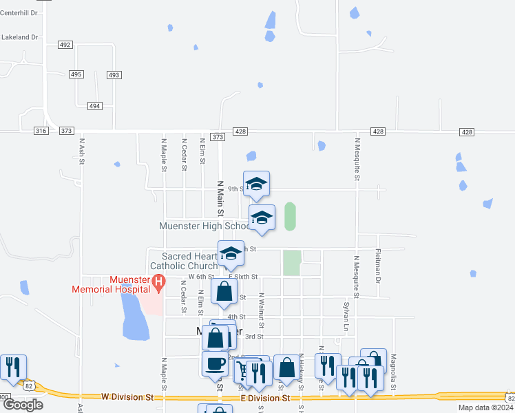 map of restaurants, bars, coffee shops, grocery stores, and more near 912 North Walnut Street in Muenster