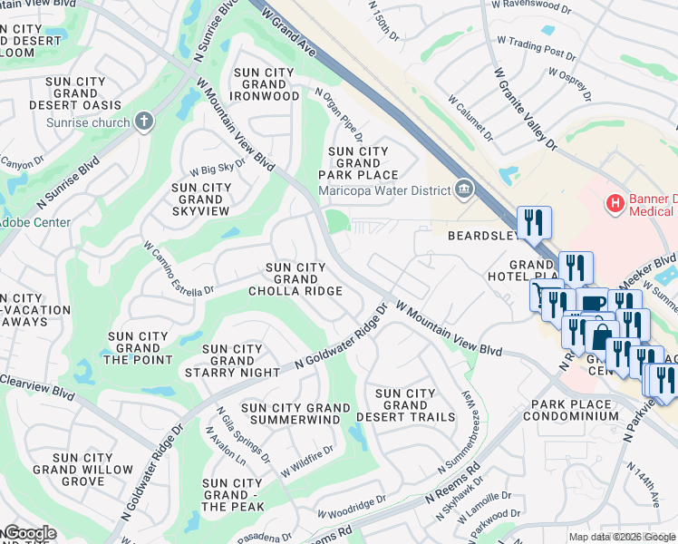 map of restaurants, bars, coffee shops, grocery stores, and more near 15144 West Cactus Ridge Way in Surprise