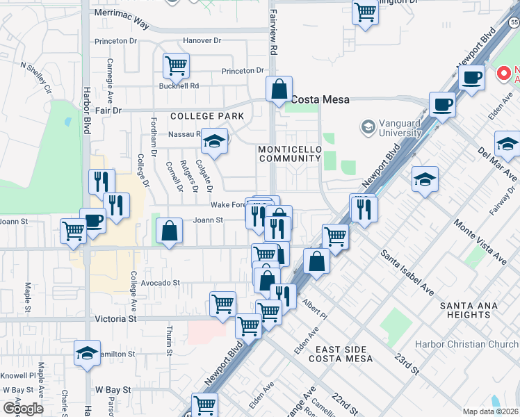 map of restaurants, bars, coffee shops, grocery stores, and more near 209 Wake Forest Road in Costa Mesa