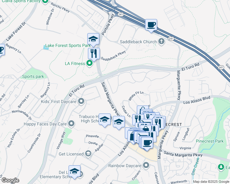 map of restaurants, bars, coffee shops, grocery stores, and more near 20702 El Toro Road in Lake Forest