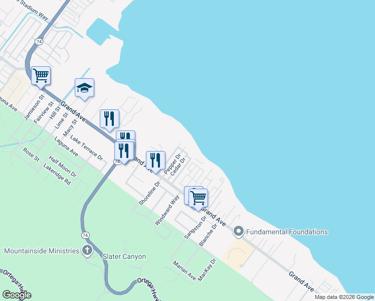 map of restaurants, bars, coffee shops, grocery stores, and more near 15948 Avondale Way in Lake Elsinore