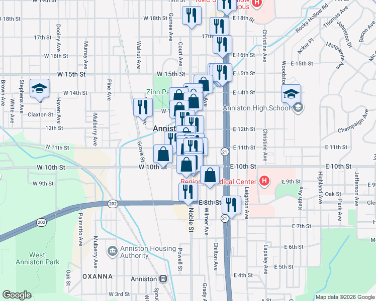 map of restaurants, bars, coffee shops, grocery stores, and more near 1030 Noble Street in Anniston