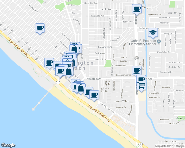 map of restaurants, bars, coffee shops, grocery stores, and more near 212 Baltimore Avenue in Huntington Beach